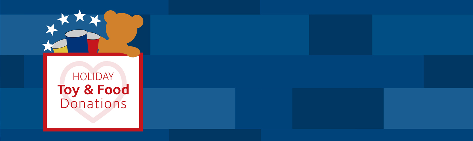 Holiday toy and food donations in a box