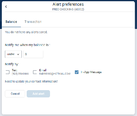 Sample balance alert options