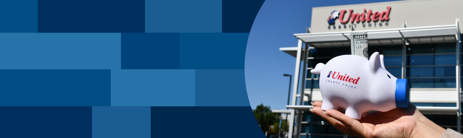 1st United piggy bank in front of the Pleasanton branch